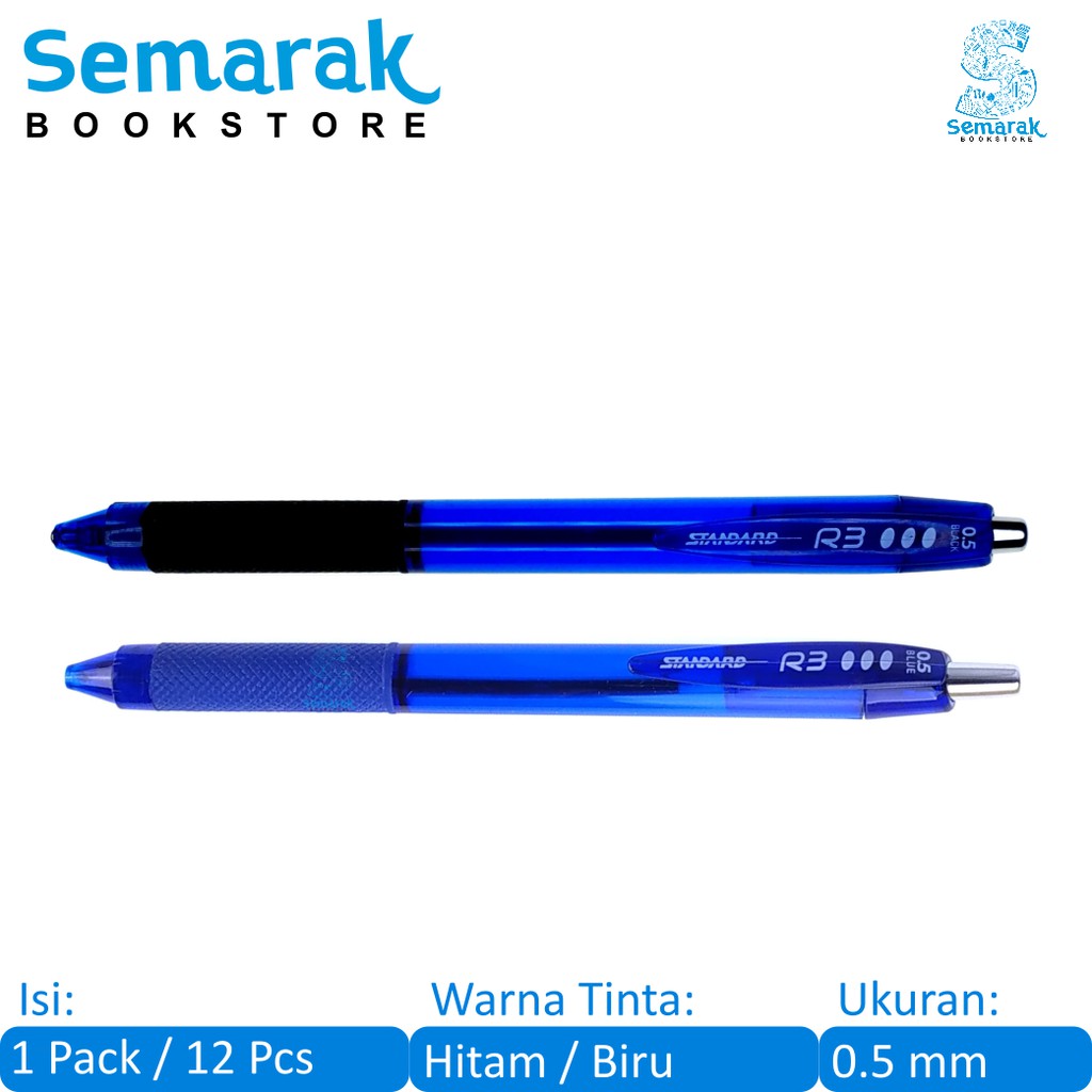 

Standard R3 Retractable Ballpoint Oil Gel Alfatip 0.5 - Hitam / Biru [1 Pack / 12 Pcs]