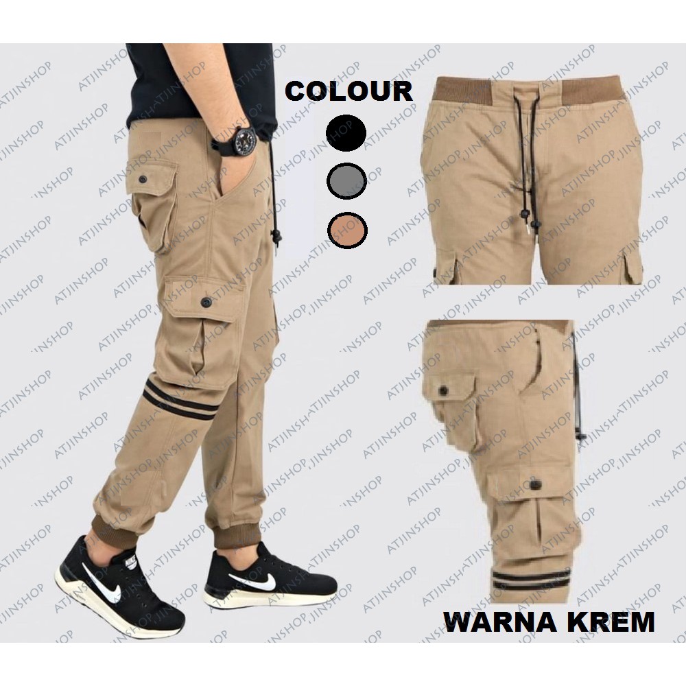 Atjin- Celana Joger Pria Tipe Saku Kargo Kancing  Bahan Katun Lembut [ 3 warna ]