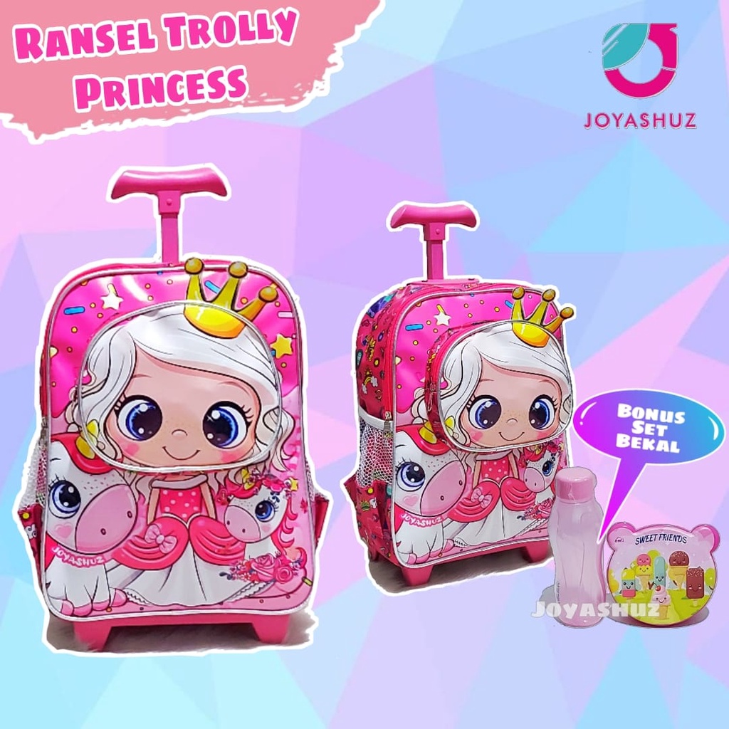 Tas Troli Anak Perempuan TK Gratis Hadiah - Tas Dorong Anak TK Karakter Princess -  Ransel Anak TK - Tas Princess - Tas Anak Troli TK Karakter Princess - Tas Anak Berbonus 4in1 - Joyashuz