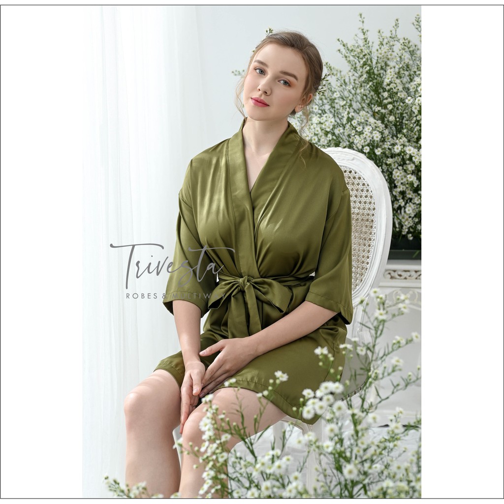 Basic Robe - KIMONO BRIDESMAID SATIN WARNA OLIVE + FREE BORDIR (TULISAN BEBAS BISA NAMA)