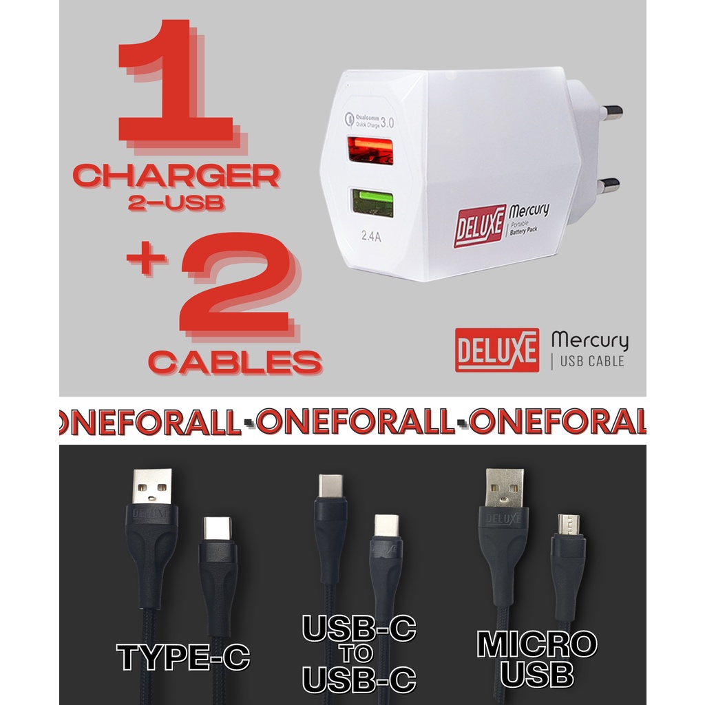 Mercury 1 SET Charger Adaptor 2 USB Kabel USB MICRO / C / IOS / C TO C FAST CHARGING