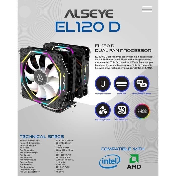 Alseye EL120D Pentagon Fan Processor Cpu Cooler Rainbow RGB Dual Fan