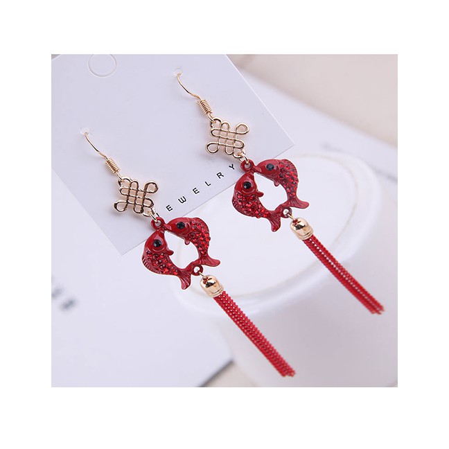 LRC Anting Gantung Fashion Red 925 Silver Needle Pisces Tassel Earrings A59878