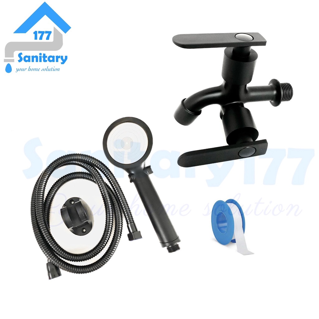 Paket Hand shower mandi 3in1 150FH dan kran cabang stainless black- Handshower mandi set tombol stop on off  semprotan sower mandi dan krran air double