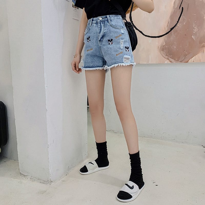 Celana Hot Pants High Waist Jeans Wanita Bordir Micky Mouse