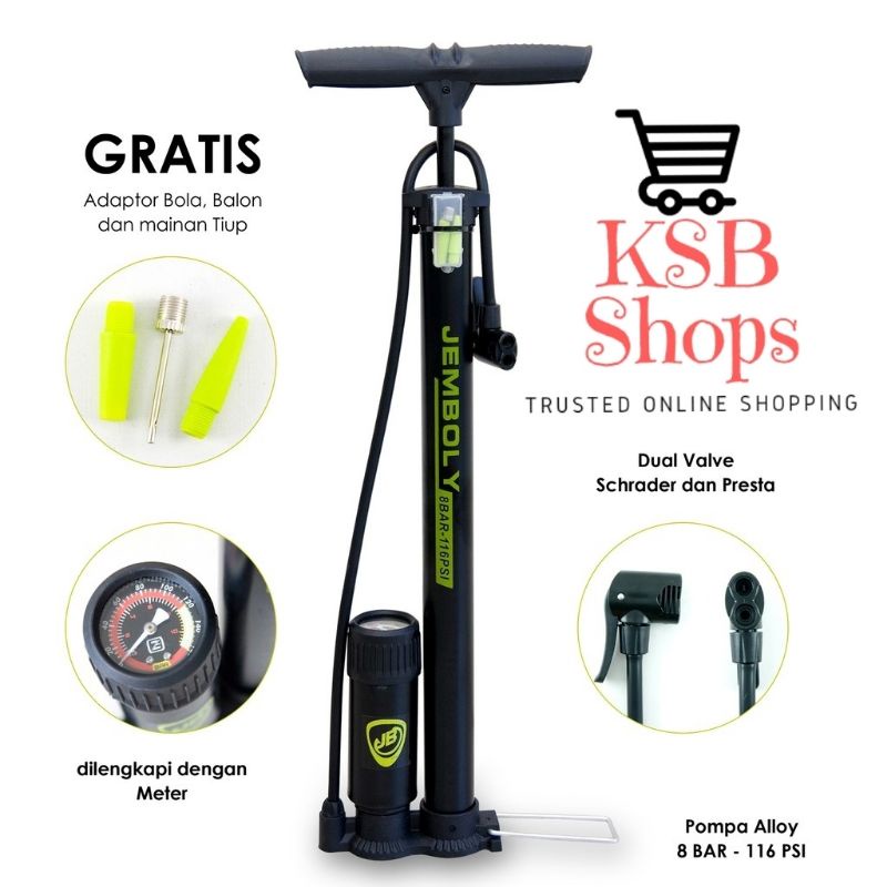 [KSB] Bicycle Air Pump Pompa Angin Ban Sepeda dan Motor merk JEMBOLY Aluminium dengan Tekanan Meter 
