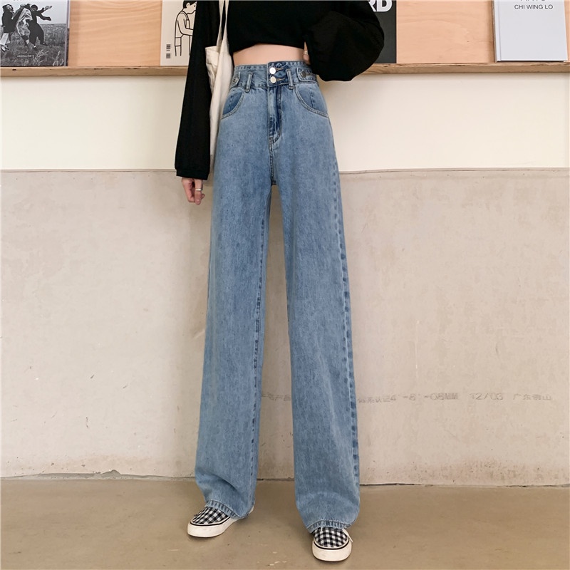 celana jens wanita highwaist loose Jeans double kancing korean style pants celana lebar kasual