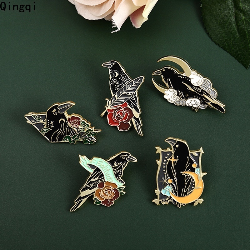 Bros Pin Enamel Bentuk Gagak Bulan Bunga Daun Awan Gaya Gothic Untuk Perhiasan