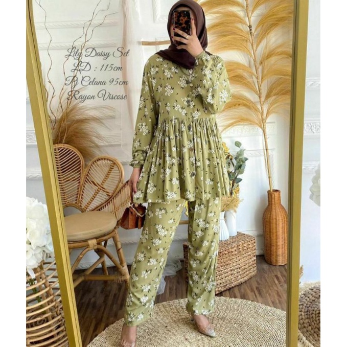 One Set Rayon Viscose Premium motif terbaru-Daisy Green