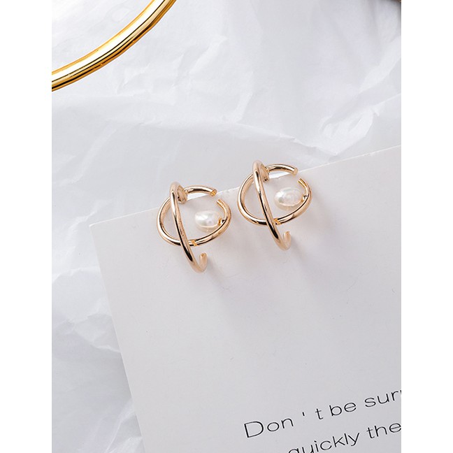 LRC Anting Tusuk Fashion Gold 925 Silver Needle Geometric Irregular Pearl Circle Cross Earrings D281