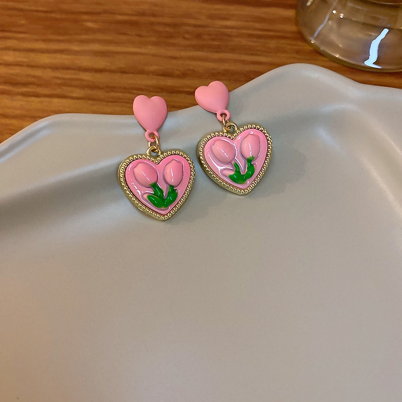 Anting Tusuk Motif Bunga Tulip Warna Pink Untuk Wanita