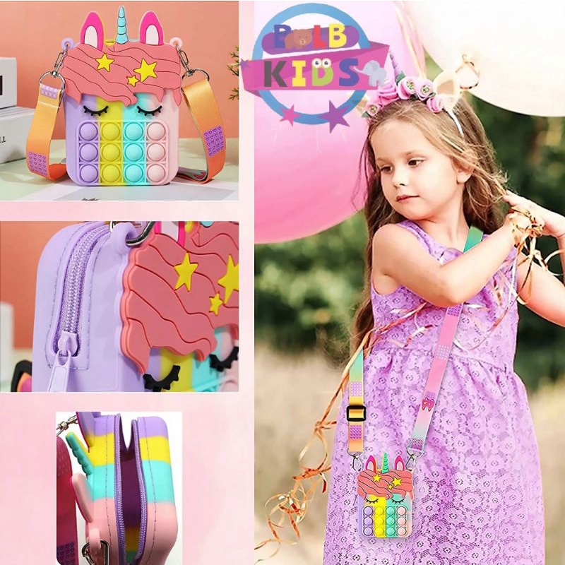 BLB Kids Tas Pop It Unicorn Kuda Poni Selempang Anak Rubber Gelembung Rainbow Pop It Unicorn Wallet Cross Bag Relieve Stress Children Fashion Bag