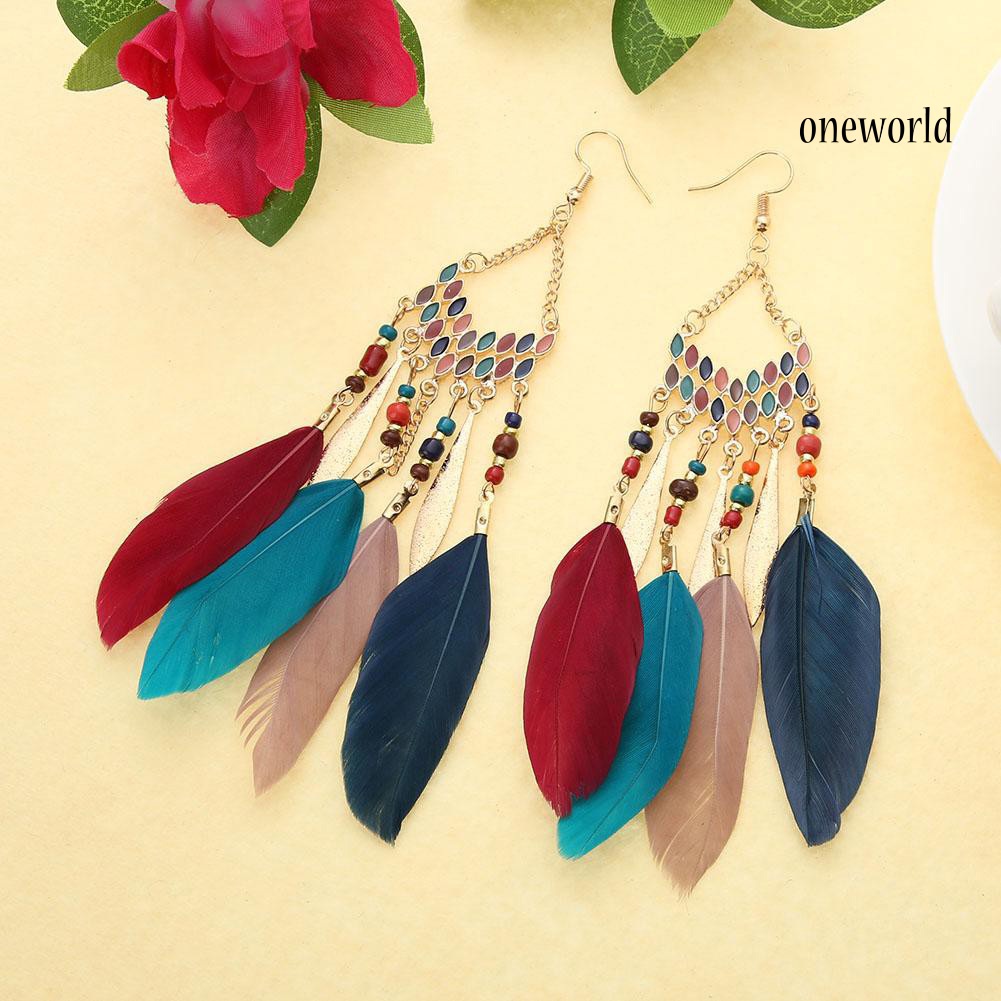 OW@ Vintage Long Dangle Feather Boho Hook Earrings Women Charming Jewelry Gift