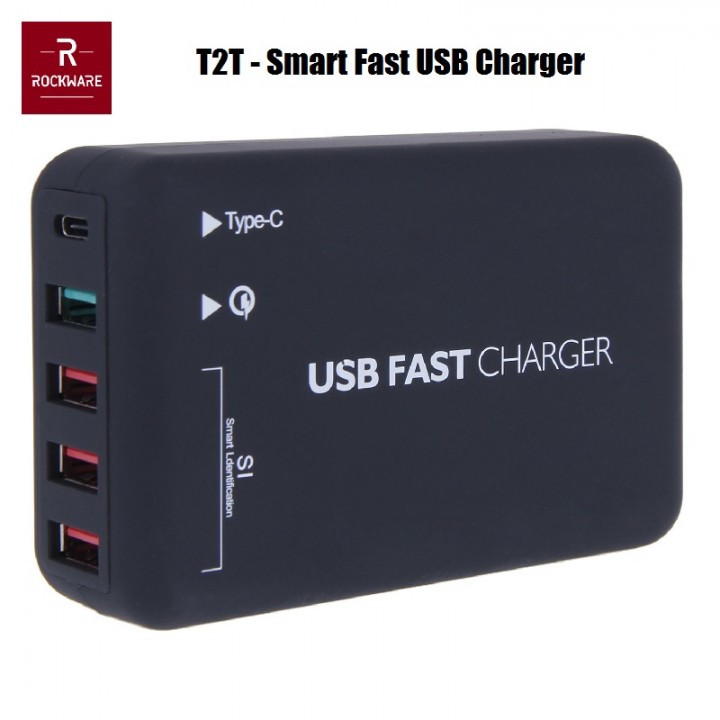 ROCKWARE T2T - Smart Fast USB Charger - 4 USB-A and 1  USB-C - 30W 6A