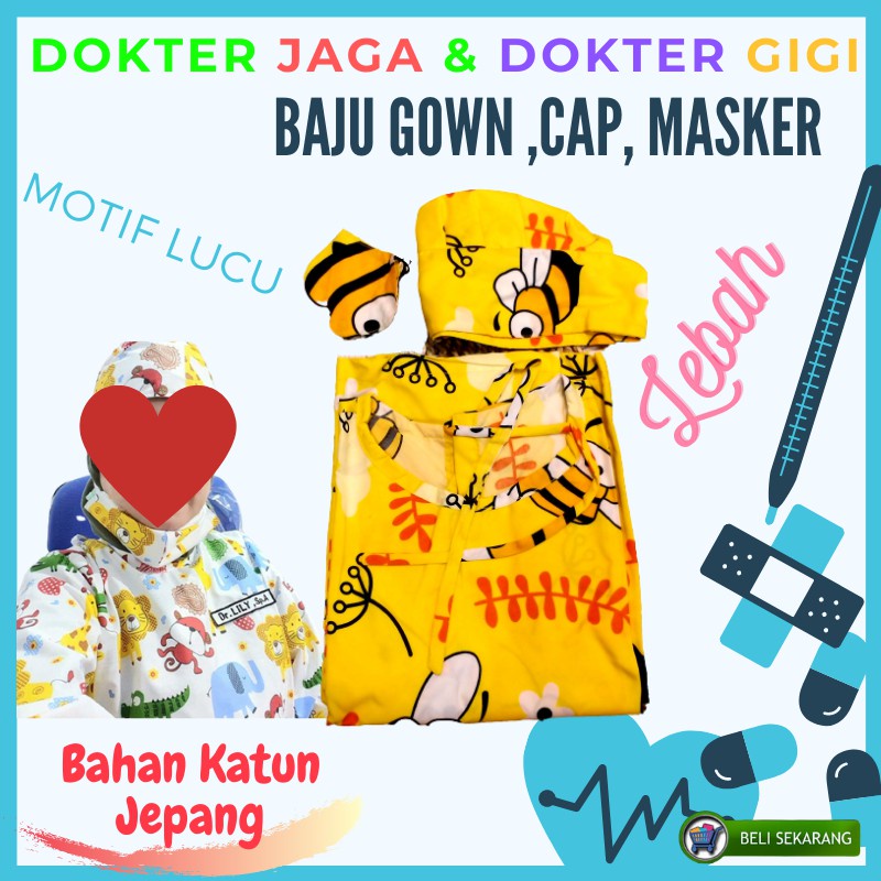 Gown Baju Jaga Dokter Anak Gigi Perawat Gaya Lucu Surgical APD Gaun Operasi Motif  kartun Pediatric 