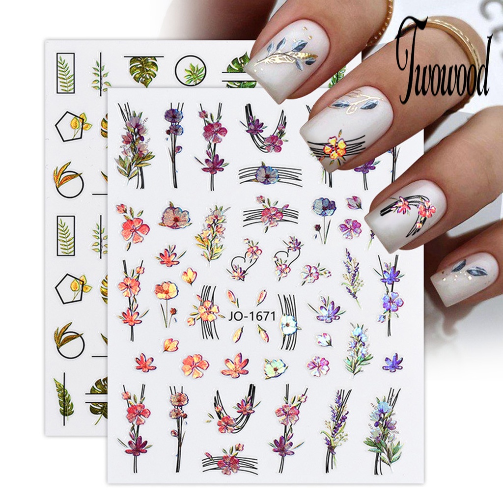 Twowood Stiker Kuku Tahan Air Motif Bunga Untuk Nail Art DIY