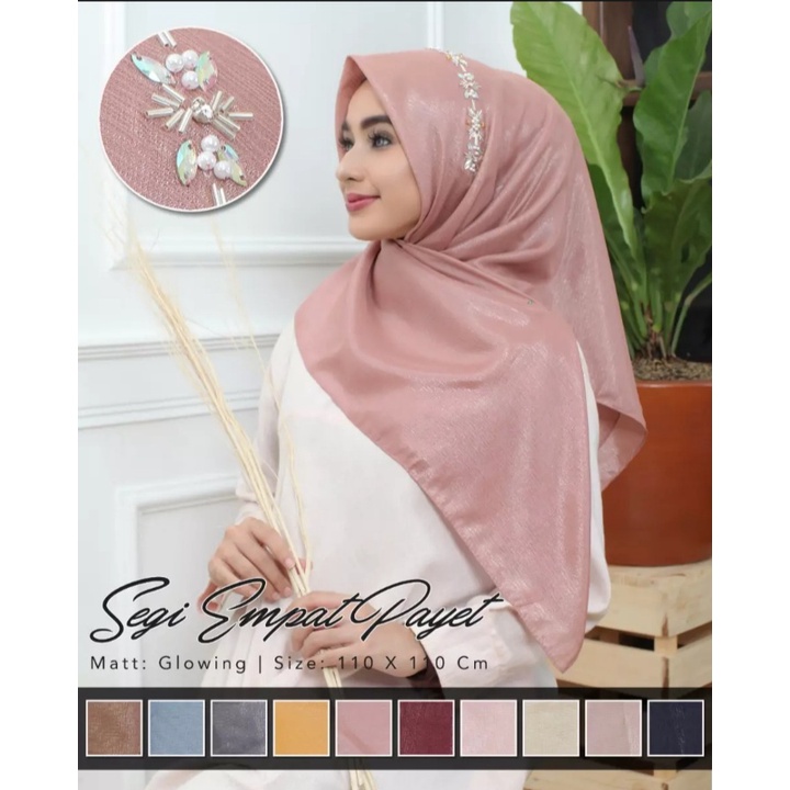 [Bisa COD] Hijab Sinar Glowing Payet / Jilbab SegiEmpat Payet Bando / Hijab Sinar Laser Payet / Ukuran 110x110cm