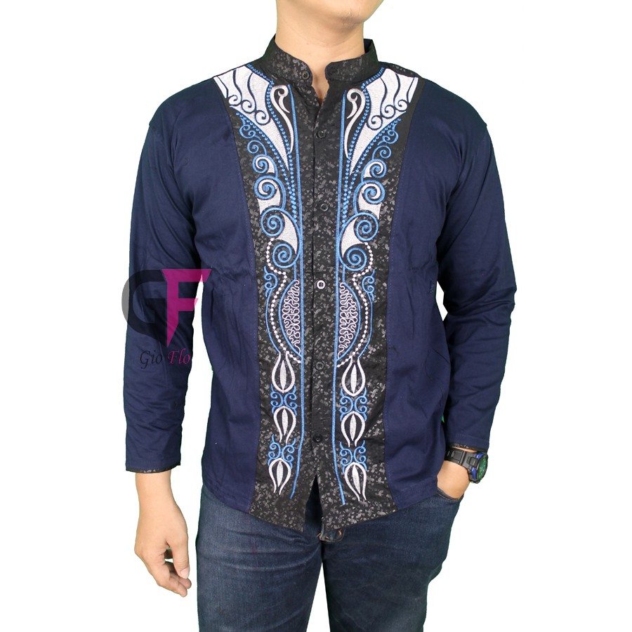 GIOFLO Baju Kemeja Muslimin Pria Bordir Panjang Navy Blue / KKL 28