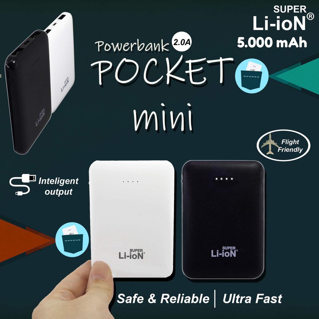 Powerbank Super li-ion Pocket Mini 5000 mAh, PB Super Li-ioN Dual Output Fast Charging 2.0A