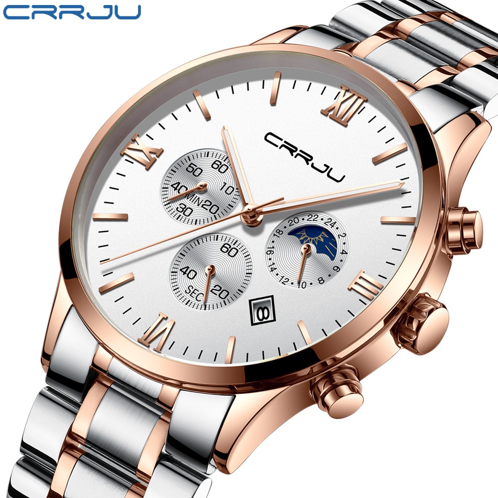CRRJU Jam Tangan Sport Quartz Analog + Chronograph + Tanggal, Strap Stainless Steel