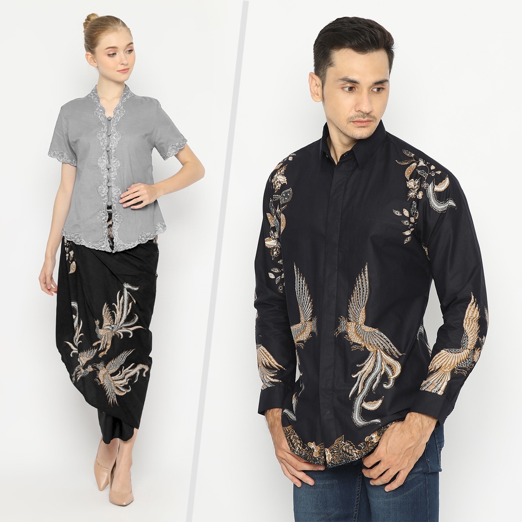 BATIK COUPLE MODERN Kemeja Rok Lilit Instan Batik Pria Lengan Panjang Premium Motif Burung Hitam 721064 CAP 72