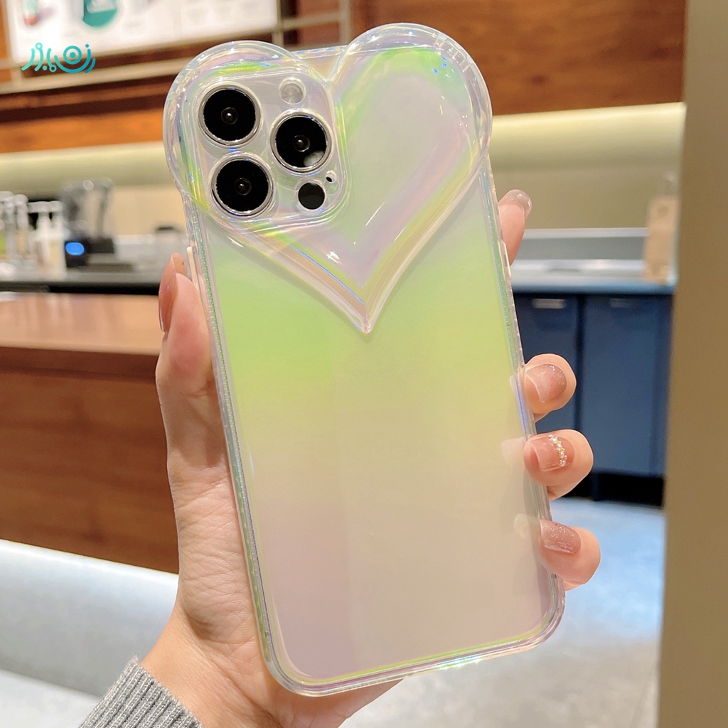 (3D Love) Casing Silikon Iphone 12 13 Pro Max Xs Max 7 + 8 + 11 Pro Max Aksen Laser Aurora Warna Gradasi Pelangi