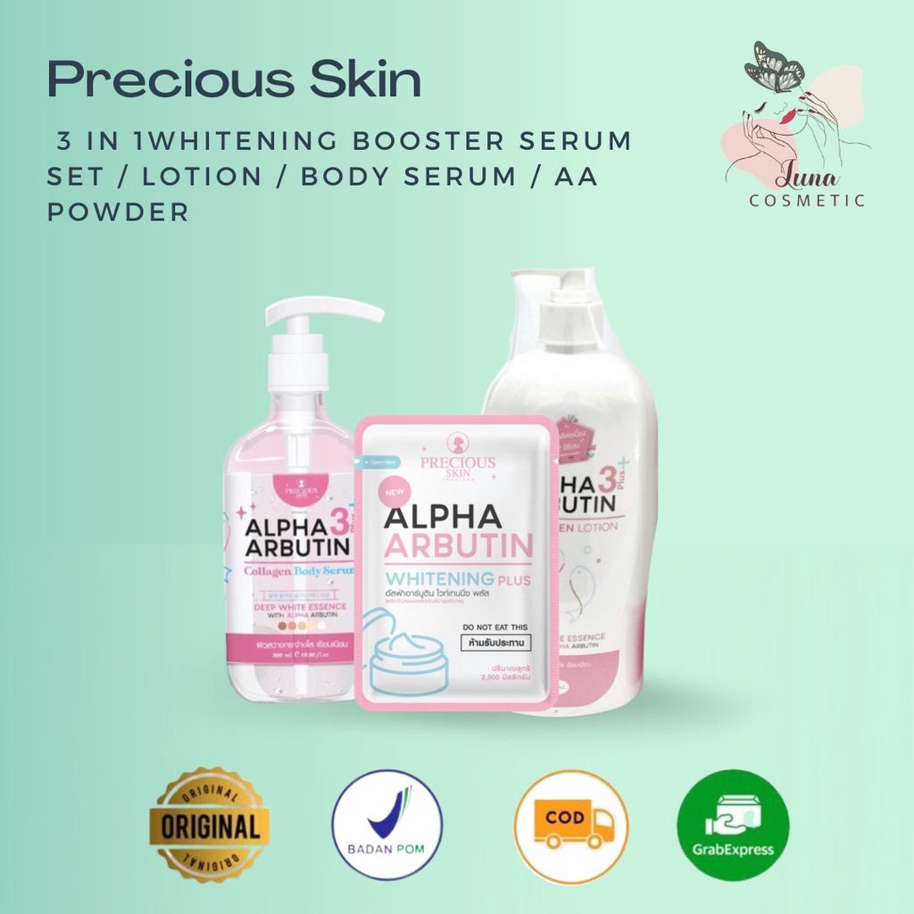 Precious Skin Alpha Arbutin 3+++ 3 in 1Whitening Booster Serum Set / Lotion / Body Serum / AA Powder