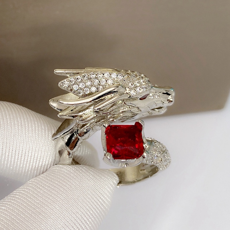 Cincin Pria Warna Gold Desain Naga Hias Batu Merah Oval Besar Untuk Pesta Pernikahan