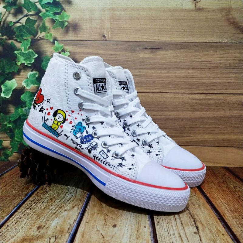 SEPATU BTS BT21 CONVERSE ANAK PEREMPUAN &amp; LAKI LAKI MOTIF KOREA KARAKTER WARNA PUTIH