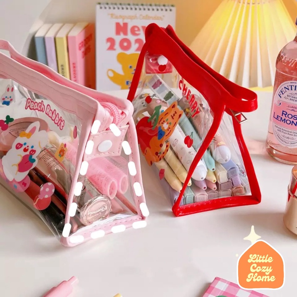 Kawaii Transparent Pouch / Tempat Pensil Transparant Korea Zipper Motif Aesthetic Kreatif Lucu / File Mika Bag Pouch PVC Transparan Serba Guna Multifungsi Make Up Bag