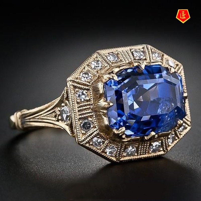 [Ready Stock]Fashion Retro Blue Topaz Square Diamond Ring