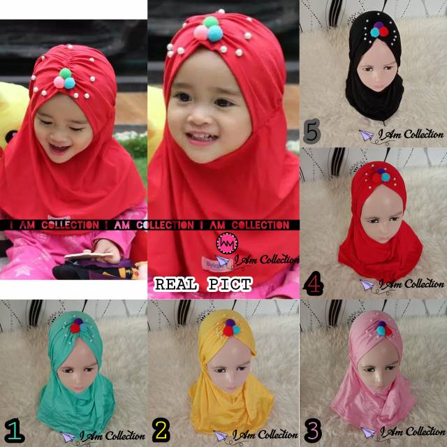 AM | Jilbab bayi | Jilbab anak mutiara pompom pelangi usia 3bln-3thn
