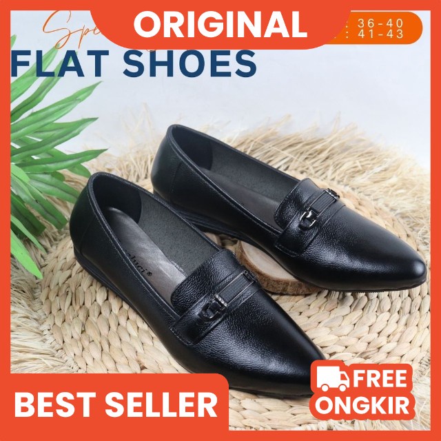 Sepatu Wanita Kerja Kantor Pantofel Flat Shoes Kulit Asli CPC 1306 Hitam