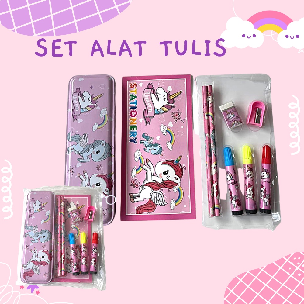 Paket Alat Tulis Set Stationary Tempat Pensil Cewek Perempuan Kado Spidol Buku Mewarnai Unicorn Pony