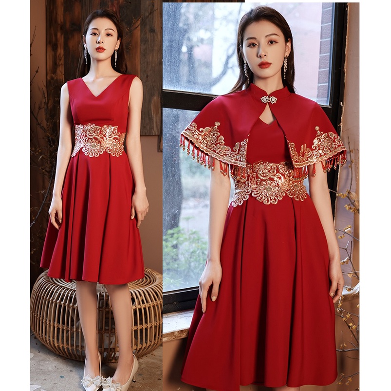 T1021 Cheongsam Gaun Import Midi Gaun Pesta Gaun Sangjit Party Dress Merah Maroon S-3XL Jahit Custom