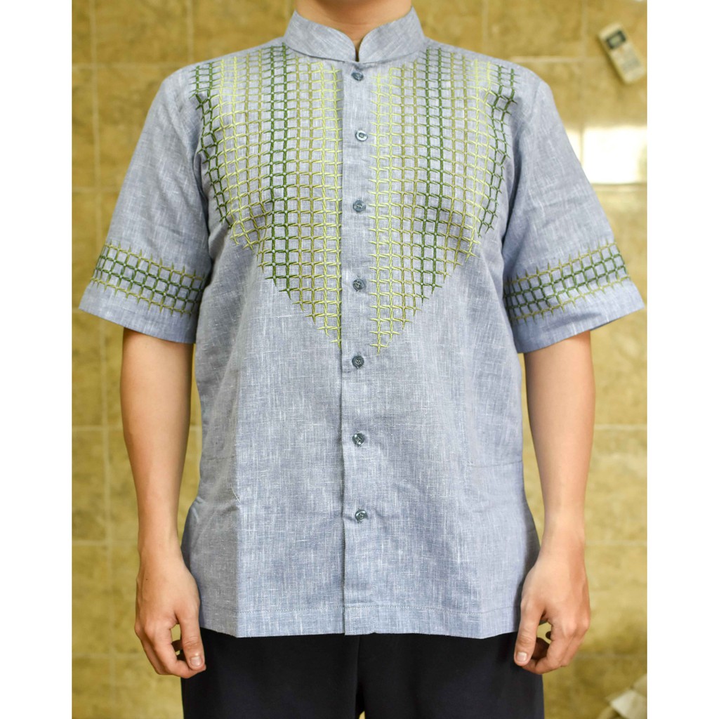 Baju Koko Pria Biru Muda Bermotif Lengan Pendek - 009