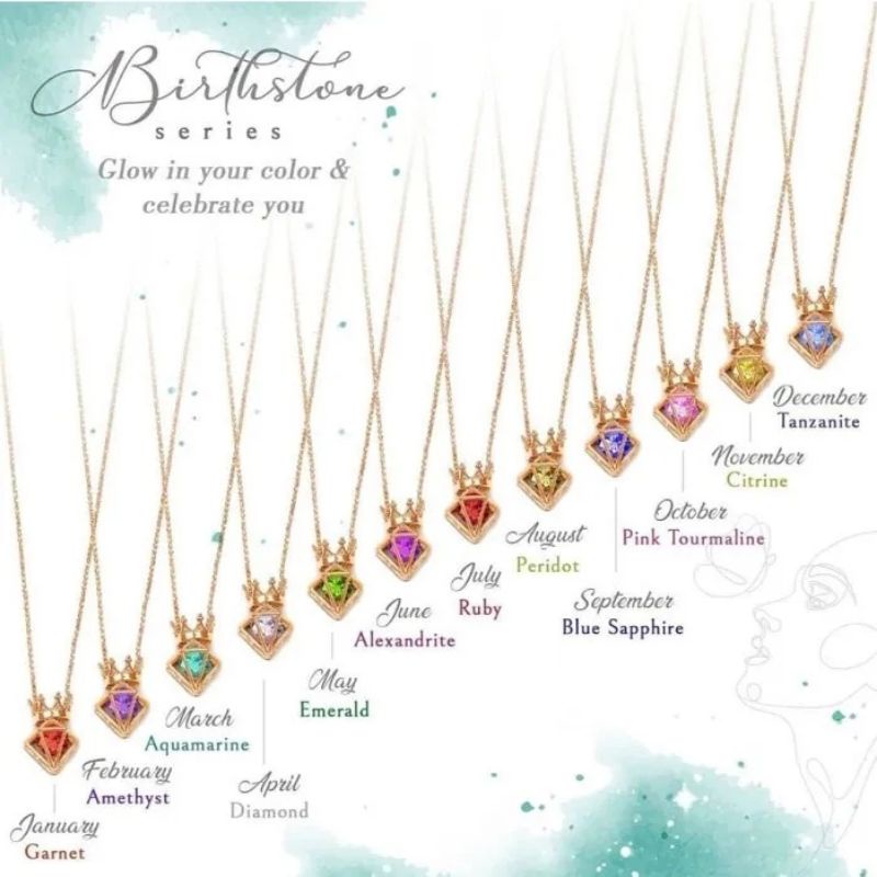 Kalung, cincin, anting dan gelang rantai birthstone batu warna bulan lahir HWT 8K 375