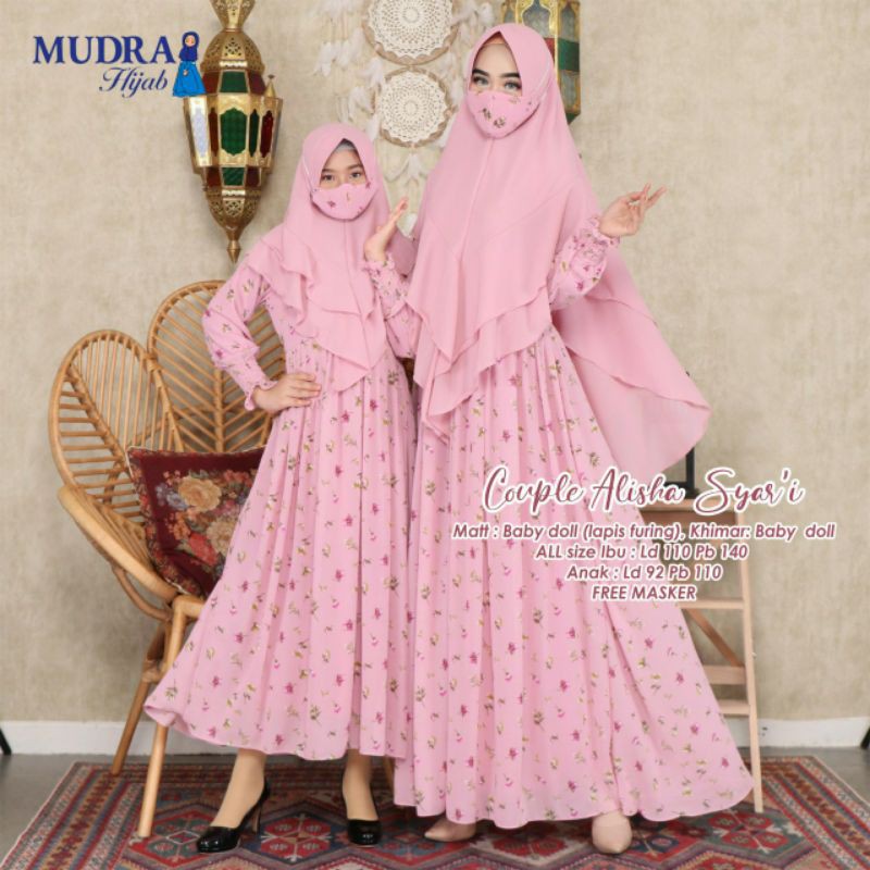GAMIS SYARI ALISHA COUPLE, MOM + KIDS CANTIK DAN ANGGUN ORIGINAL MUDRA HIJAB, BABYDOLL, FREE MASKER