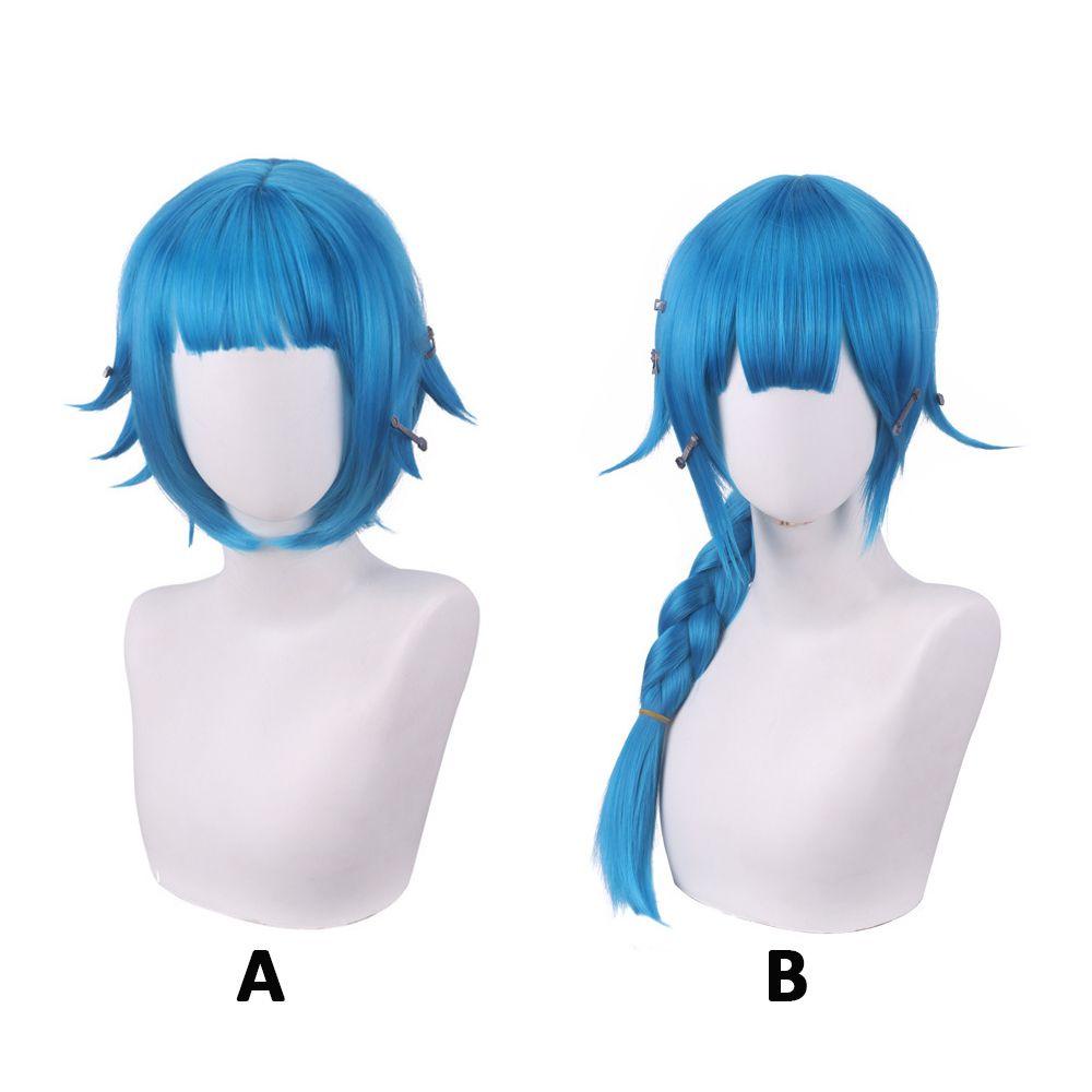 Anime Young Jinx Powder Wig LOL Arcane Headwear for Women Cosplay Synthetic Blue Hair