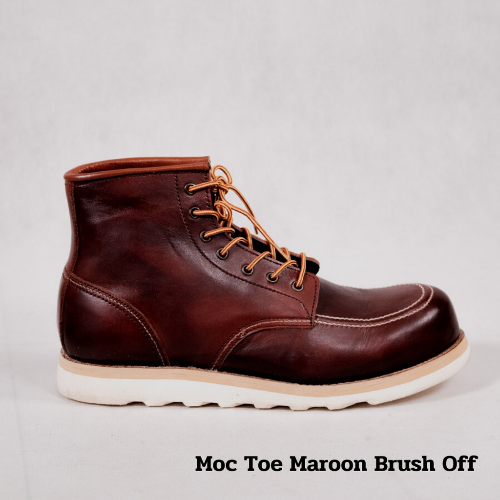 Xrider safety moc Sepatu Safety Moc Toe Kulit Warna Maroon untuk Pekerja Lapangan moc toe kulit Maro