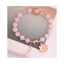 LRC Gelang Tangan Fashion Watermelon Red Dropped Oil Small Daisy Pendant Crystal Bead Bracelet