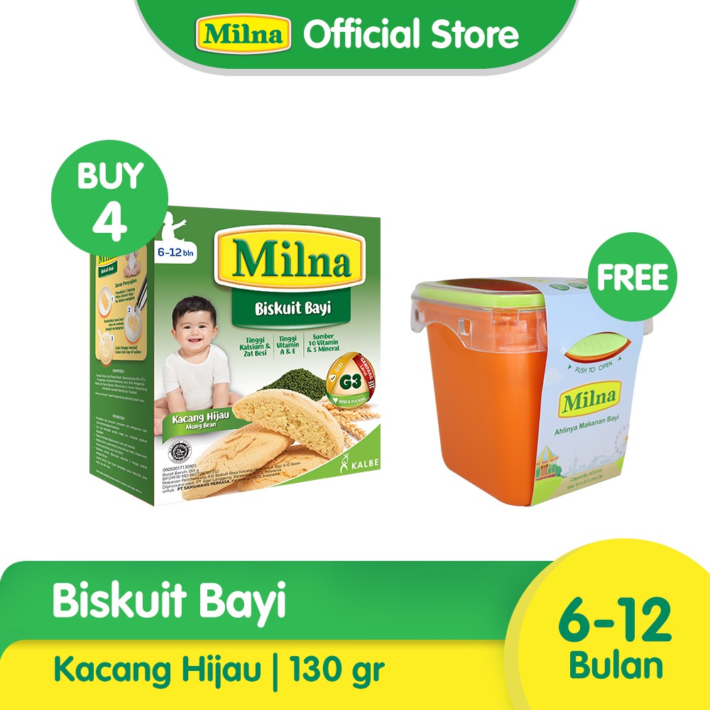 

Paket 4 Milna Biskuit Bayi Kacang Hijau 130gr Free Fodd Container