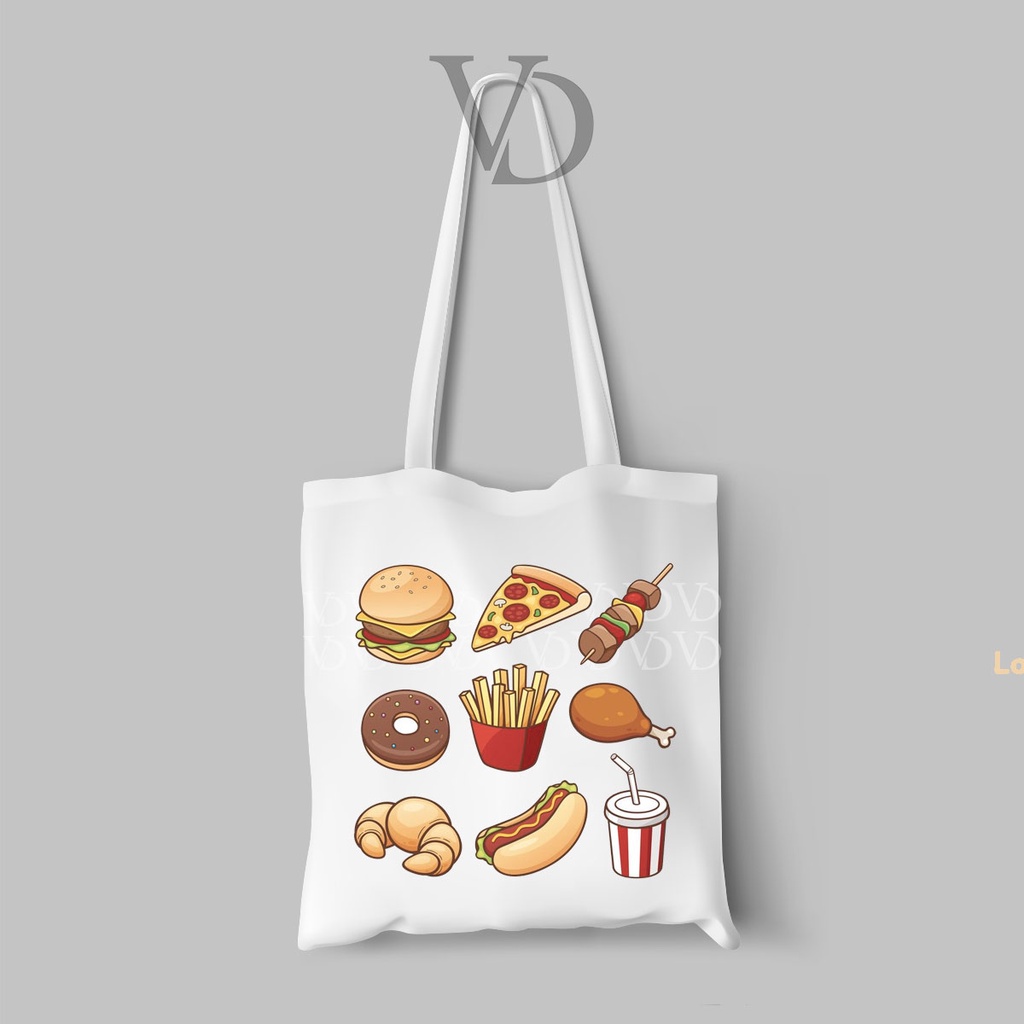 TOTE BAG BAHAN KANVAS MOTIF makanan snack foodies cute / korean TOTE BAG / TAS BELANJA korea