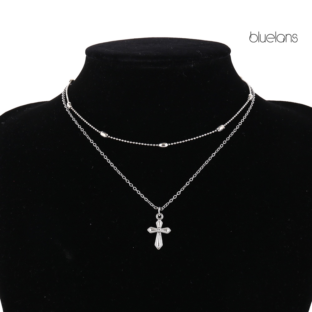 Bluelans Kalung Choker Double Layer Dengan Liontin Salib Untuk Wanita