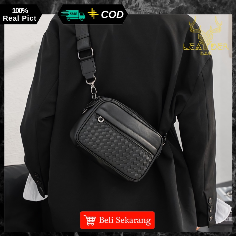 Tas Selempang Kulit Pria Original Waterproof Warna Hitam Tas Jalan Kulit Cowok Import Terbaru 2022 Slingbag Distro Ori Keren Berkualitas TONIE B60