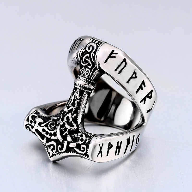 Cincin Silver Bentuk Palu Thor Gaya Punk Viking Untuk Pria