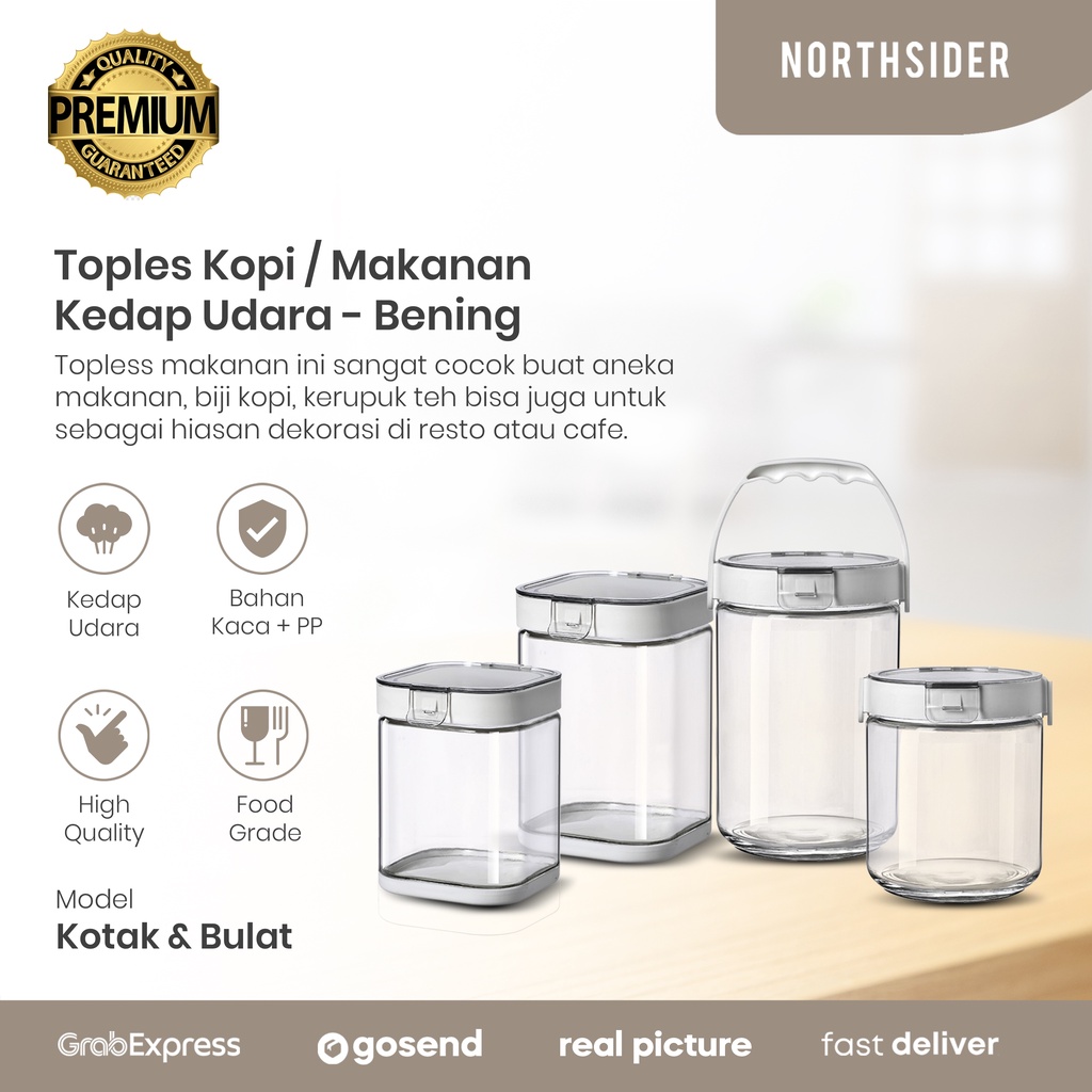 TOPLES KACA TEBAL KOPI MAKANAN KEDAP UDARA BENING SNACK CANISTER JAR