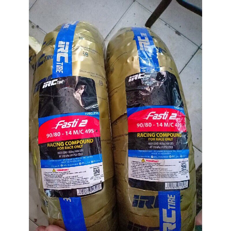 ban luar irc fasti 2 ring 14 soft compound sepasang dpn&blkg ukuran ban 90/80-14 tubeless