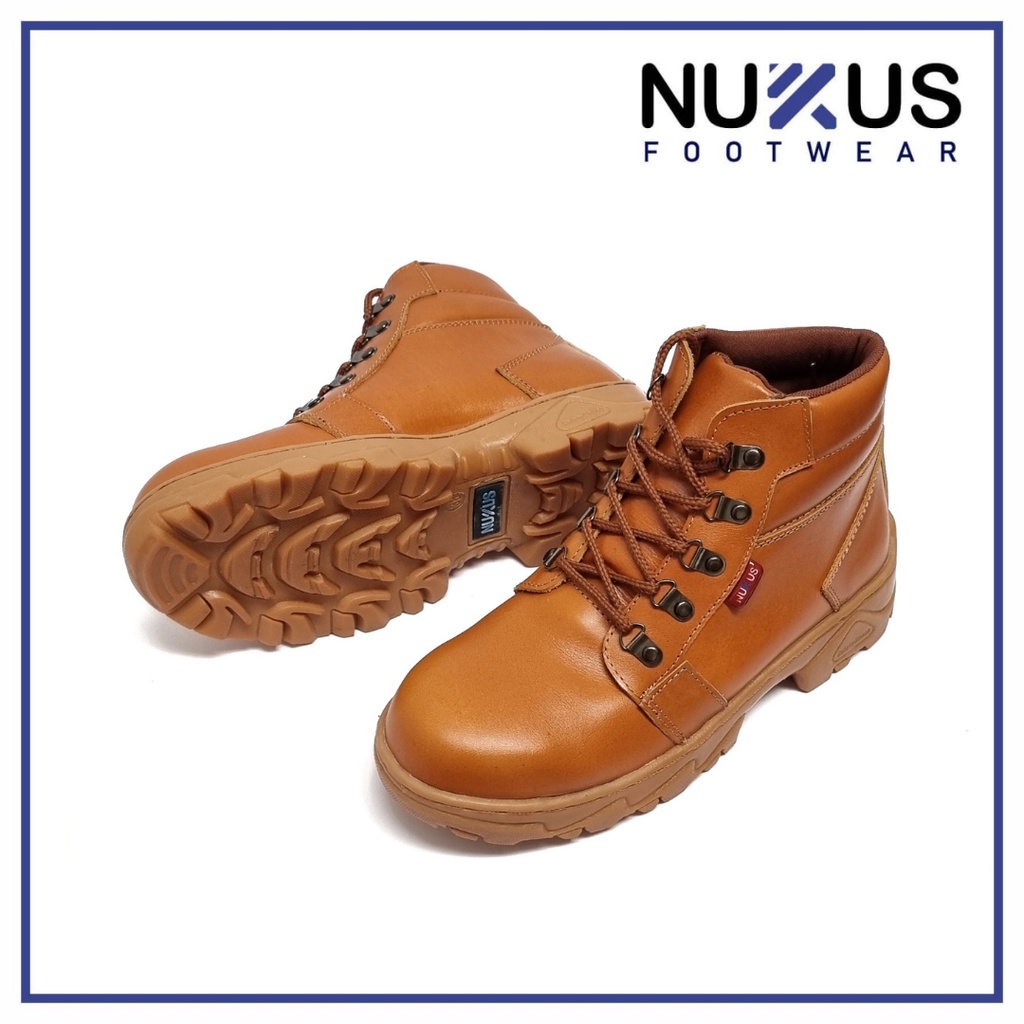 Nukus Sepatu Pria Safety Boots Kulit Sapi Asli Coklat Tan Safety Outdor - D04