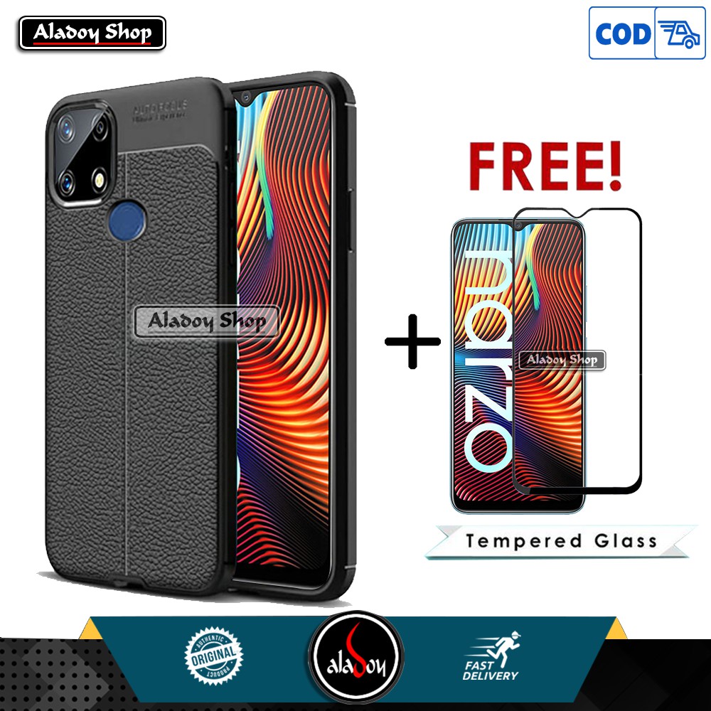 Case Realme Narzo 20 Soft Case Auto Focus Leather Premium Casing + Tempered Glass Anti Gores Layar